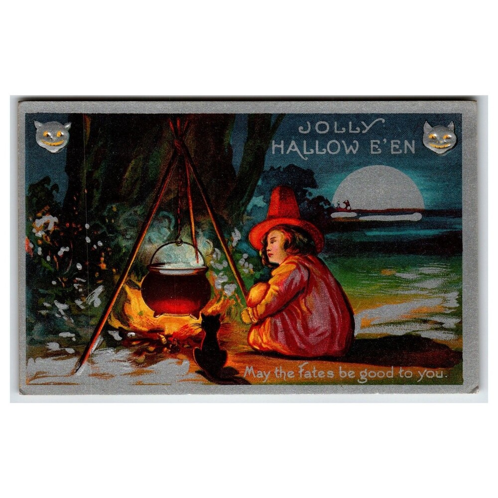 Vintage Halloween Postcard Witch Girl Cauldron Black Cat Embossed Early 1900s